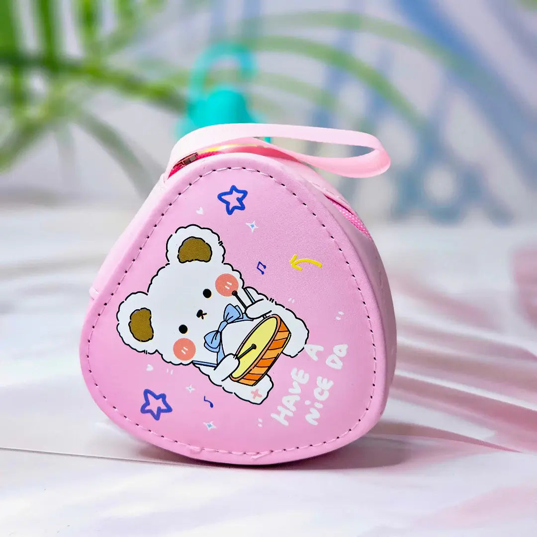 Six colorful cute cartoon triangle mini zipper pouches with dinosaur, bear, girl, and bunny designs, perfect for coins, earphones, and small accessories
