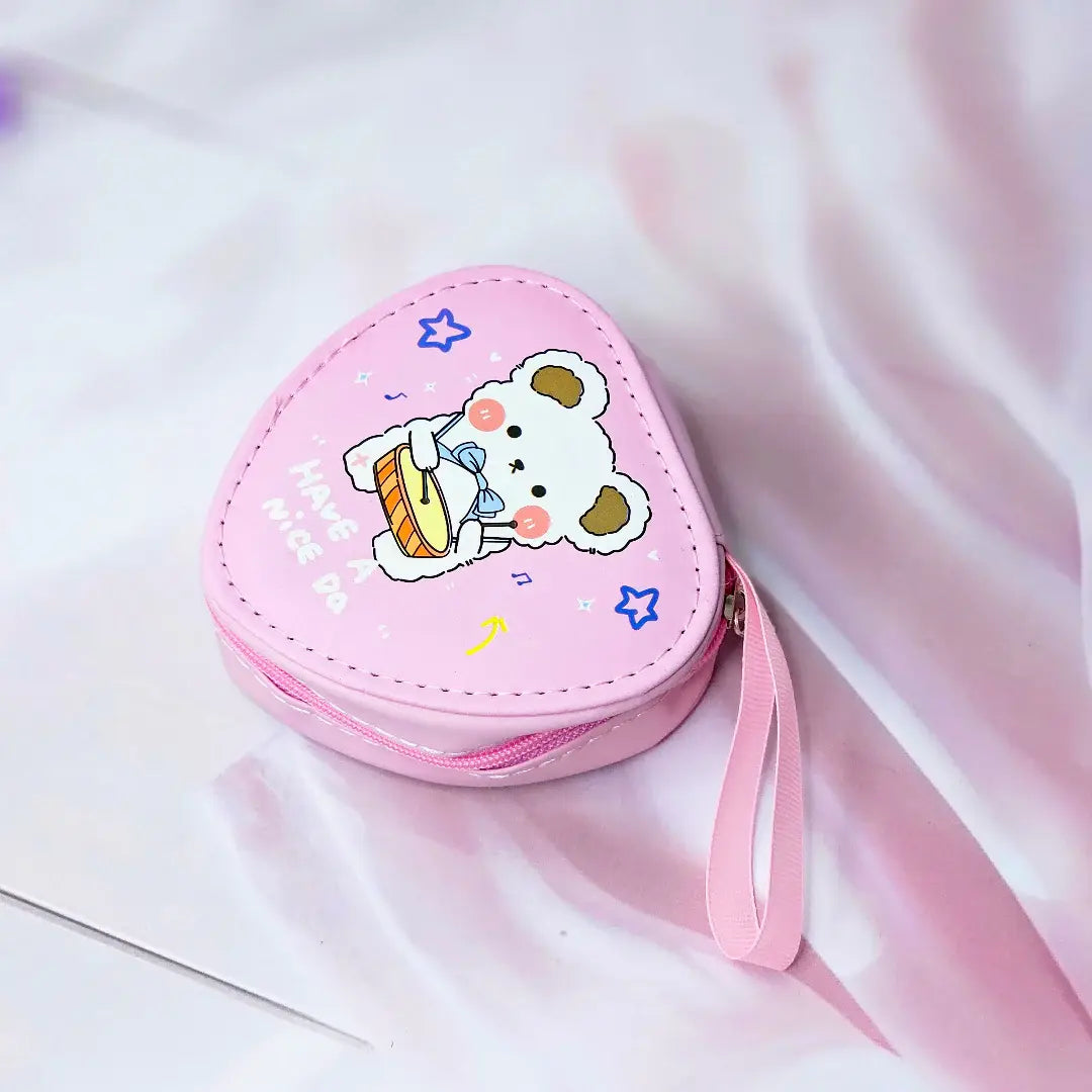 Six colorful cute cartoon triangle mini zipper pouches with dinosaur, bear, girl, and bunny designs, perfect for coins, earphones, and small accessories