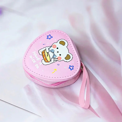 Six colorful cute cartoon triangle mini zipper pouches with dinosaur, bear, girl, and bunny designs, perfect for coins, earphones, and small accessories