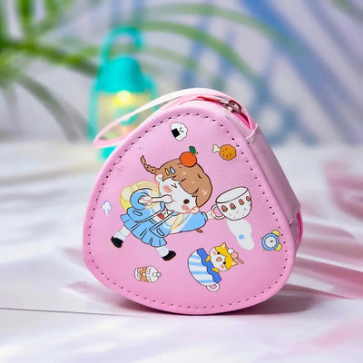 Six colorful cute cartoon triangle mini zipper pouches with dinosaur, bear, girl, and bunny designs, perfect for coins, earphones, and small accessories