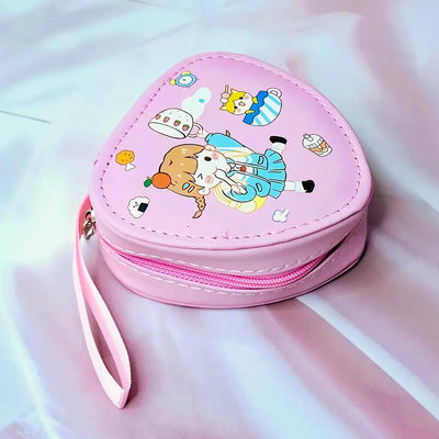 Six colorful cute cartoon triangle mini zipper pouches with dinosaur, bear, girl, and bunny designs, perfect for coins, earphones, and small accessories