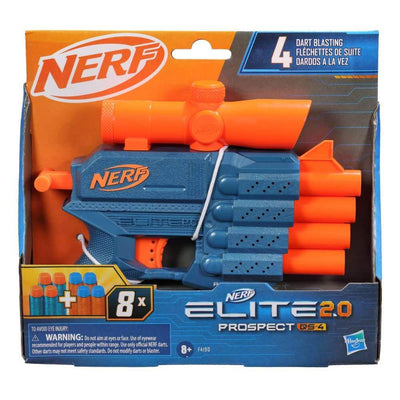 Nerf Elite 2.0 Prospect QS-4 Blaster, a blue and orange dart blaster featuring a quad barrel, attached scope, and comes with 8 official Nerf Elite foam darts for exciting play www.usmile.toys