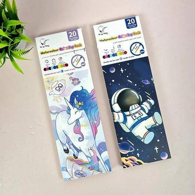 Set of two 2-in-1 watercolour doodling and magic water painting books for kids, one unicorn and one astronaut themed, each with a brush, perfect for art in www.usmile.toys