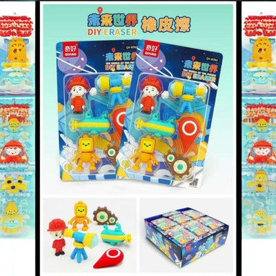 Packaged toy erasers with colorful characters on a light blue background