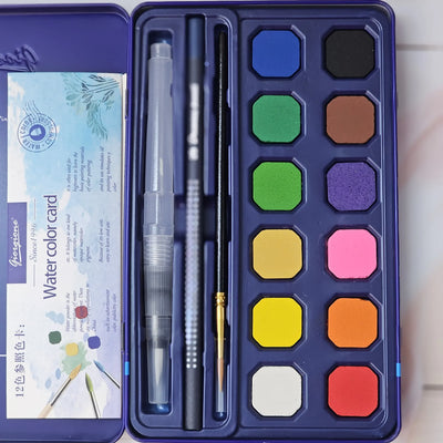 Dark blue box for a 12-color Giorgione Watercolor Cakes set by Usmile Toys, including an absorbent sponge and water brush, an ideal art kit for children." www.usmile.toys
