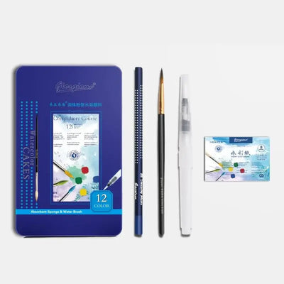 Usmile Toys art supplies: a 'Compulsory Course' 12-color solid watercolor cake set, complete with water brush and sponge, as shown on its packaging." www.usmile.toys