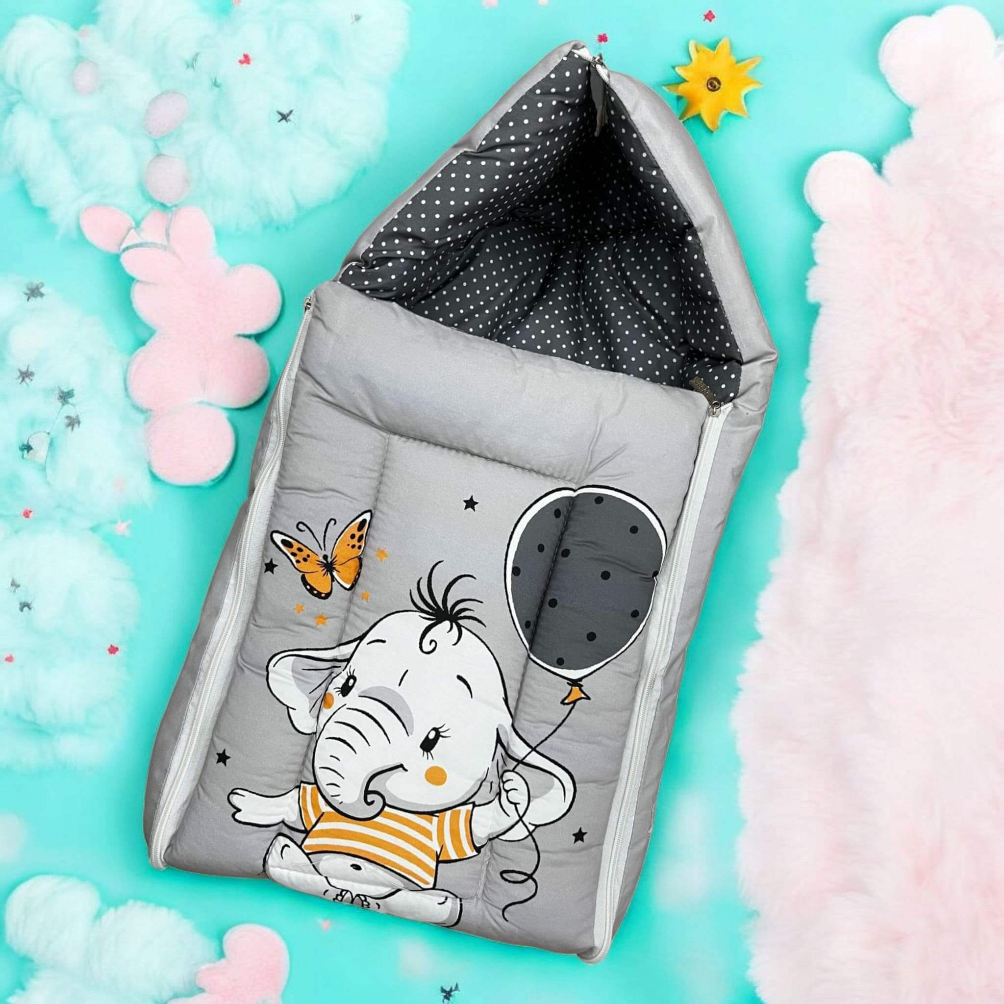Green 7 in 1 newborn baby bedding set with elephant print, including sleeping bag, mattress, bolsters, pillow, and blankets. www.usmile.com