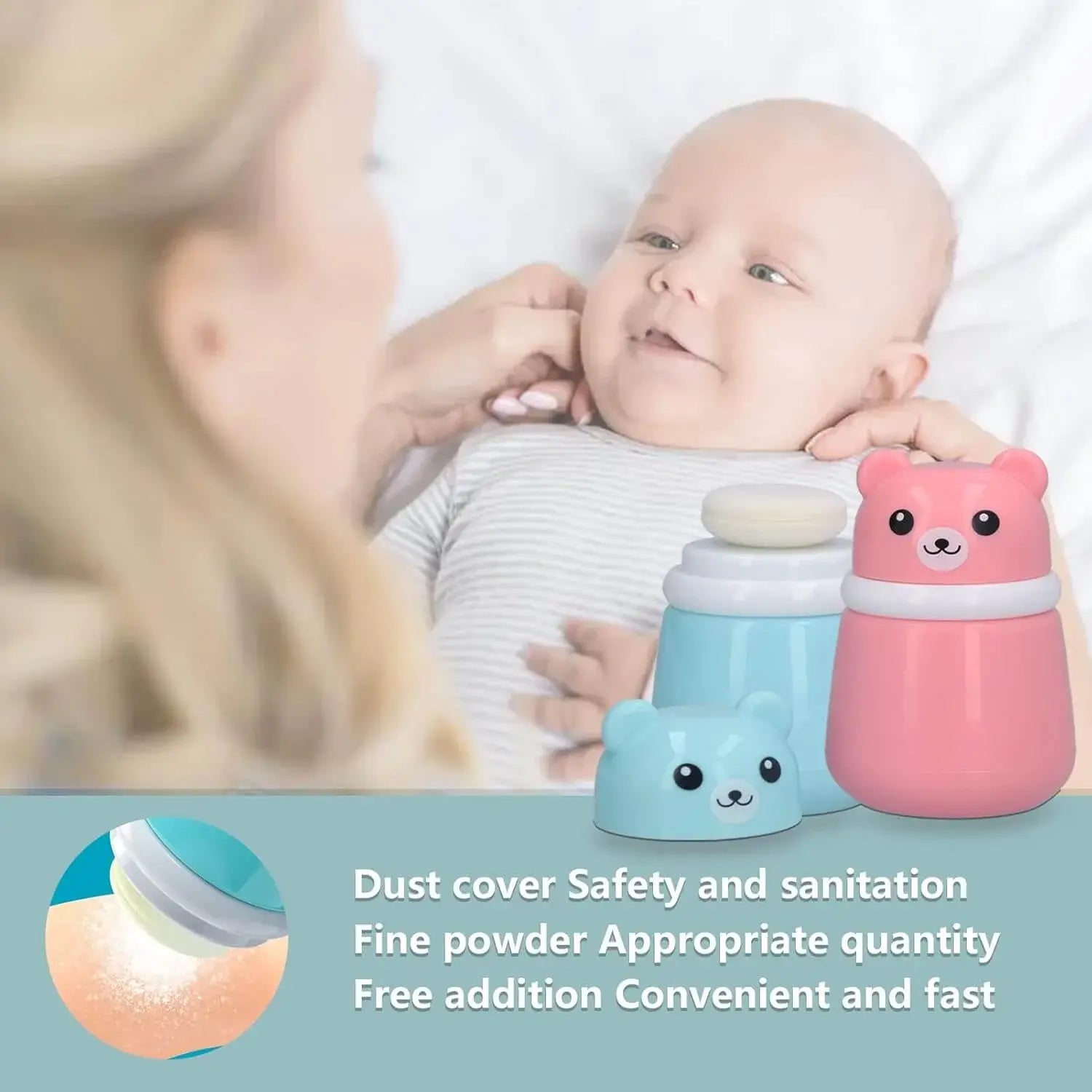 Cute pink cartoon bear-shaped powder puff case for kids, perfect for holding baby powder or talcum powder after bath time, designed for gentle application by Usmile Toys.www.usmile.toys