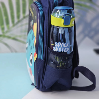 "Close-up of a Usmile Toys children's cartoon school backpack, designed in pink with a playful unicorn character on the front panel, and a matching pink water bottle in the side mesh pocket." www.usmile.toys