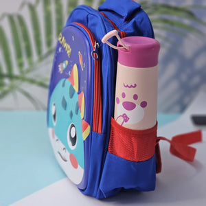 "Close-up of a Usmile Toys children's cartoon school backpack, designed in pink with a playful unicorn character on the front panel, and a matching pink water bottle in the side mesh pocket." www.usmile.toys