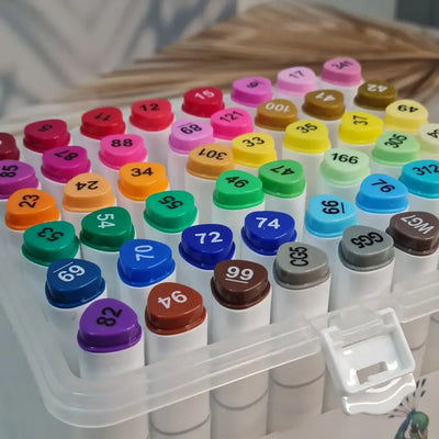 Usmile Toys art supplies: a 48-color marker pen set with bright and anime-inspired colors, featuring a peacock design on the packaging insert." www.usmile.tioys
