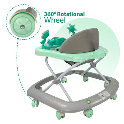 Dash Butterfly Walker from Usmile Toys in green, yellow, and grey, featuring a musical toy tray and adjustable height for babies. www.usmile.toys