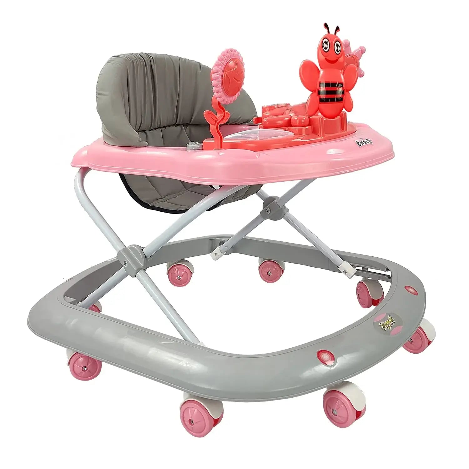 Dash Butterfly Walker from Usmile Toys in green, yellow, and grey, featuring a musical toy tray and adjustable height for babies. www.usmile.toys