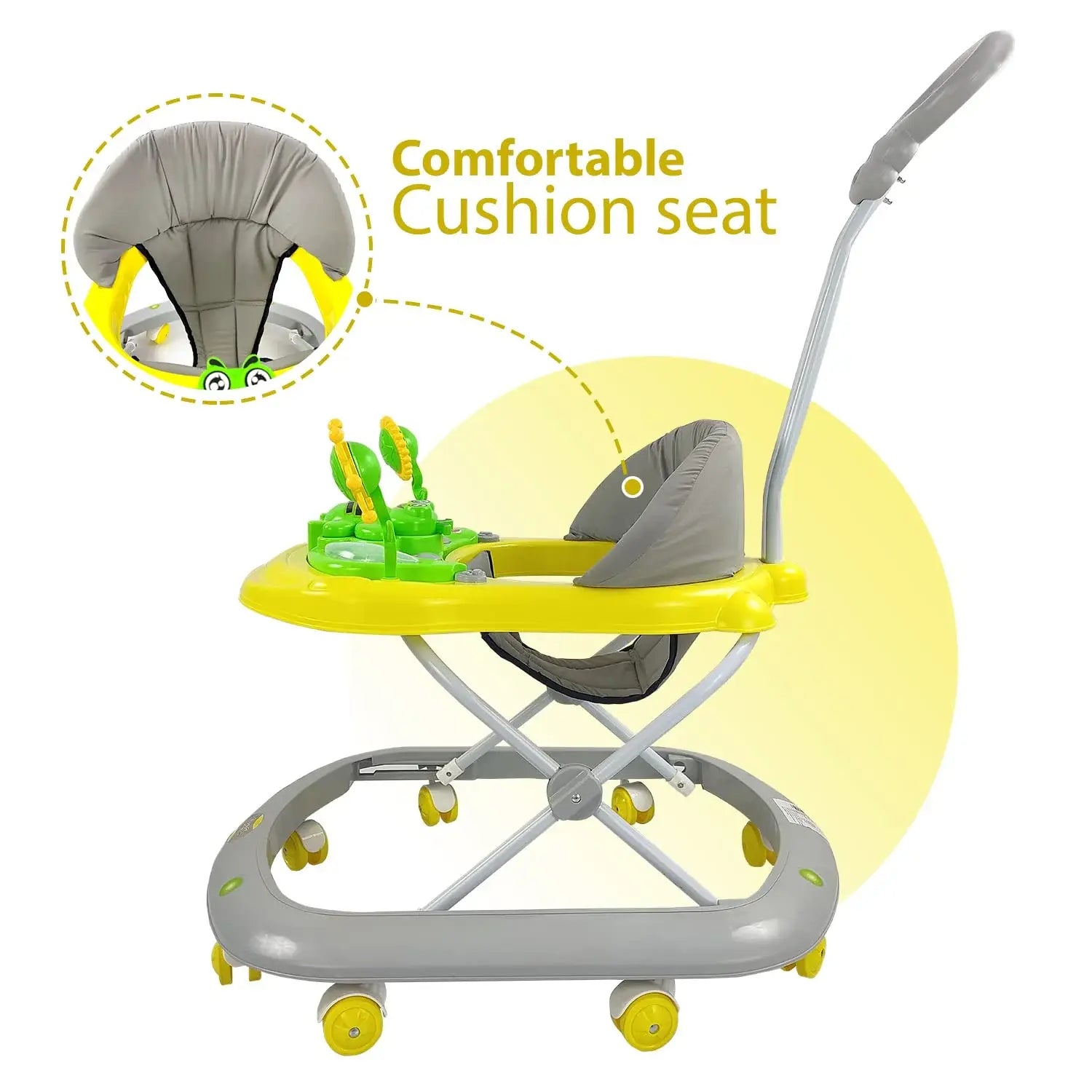 Sturdy and colorful baby walker in a natural outdoor setting, equipped with engaging butterfly-themed toys and Usmile branding. www.usmile.toys