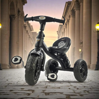 Black tricycle for children aged 3 to 5 years, with a sturdy frame and comfortable seat, in an urban setting. www.usmile.toys