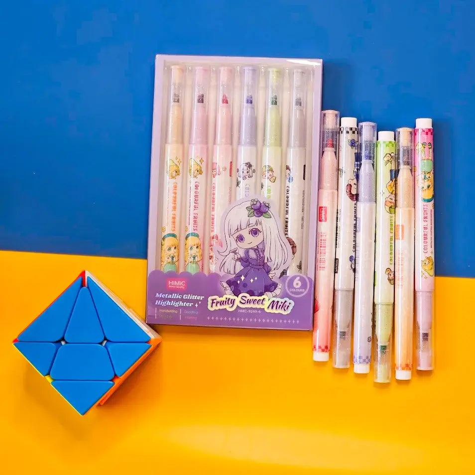 Set of 6 colorful metallic glitter highlighter pens for kids, packaged in two pastel-themed boxes labeled “Fruity Sweet Mix.” Each pen features cute cartoon character prints and soft, vibrant ink colors perfect for journaling, school projects, or creative doodling. The packaging is designed with anime-style illustrations of girls in whimsical outfits, appealing to children and stationery lovers. Displayed on a dual-tone yellow and blue background, this pen set makes a fun and eye-catching gift for birthdays