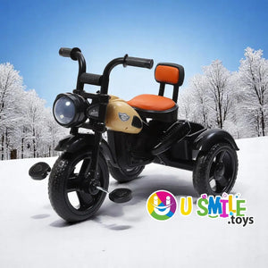 Ride Himalayan Kids Musical Tricycle in black and beige with an orange seat, designed in a motorcycle style. www.usmile.toys