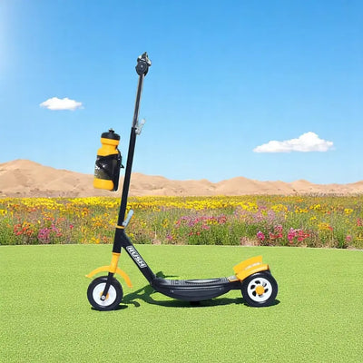 Black Fun Ride Kids Kick Scooter Rush DX with a water bottle holder, lights on wheels, and U Smile Toys branding on a grassy field www.usmile.toys