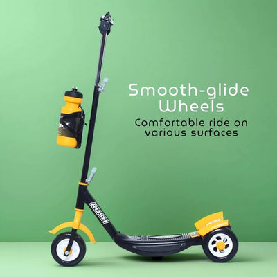 Children's Rush DX kick scooter in black with white wheels and a water bottle attachment, perfect for outdoor adventures and active play www.usmile.toys