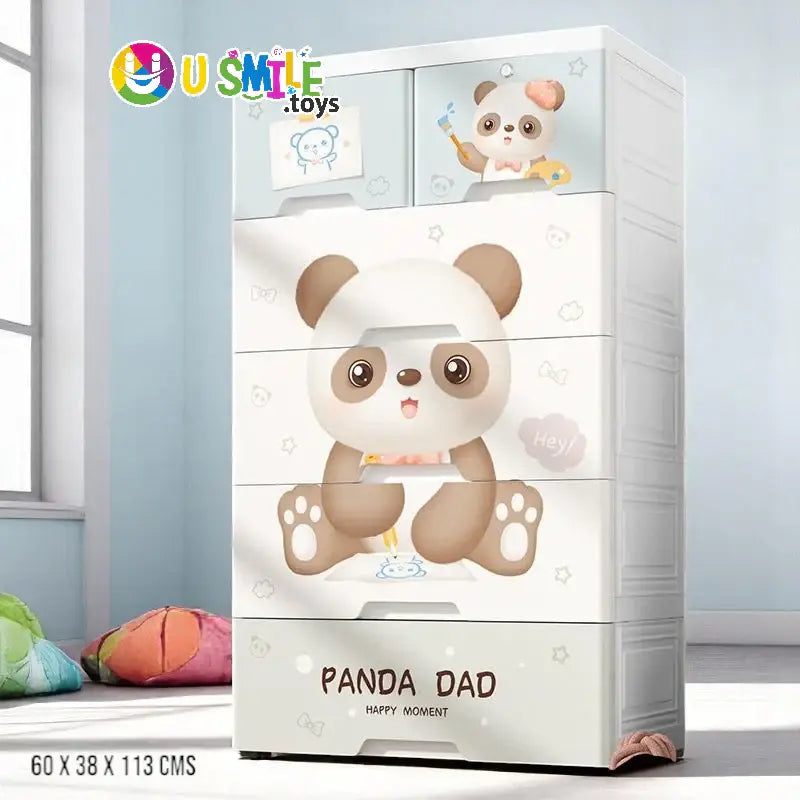 Panda Theme Kids Plastic Wardrobe (Almari) with 5 drawers, featuring cute panda illustrations and "PANDA DAD" text. Dimensions 60 x 38 x 113 CM, perfect for children's room storage and organizing toys and clothes on usmile.toys. www.usmile.toys