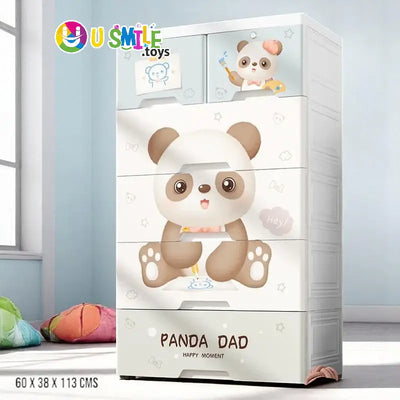 Panda Theme Kids Plastic Wardrobe (Almari) with 5 drawers, featuring cute panda illustrations and "PANDA DAD" text. Dimensions 60 x 38 x 113 CM, perfect for children's room storage and organizing toys and clothes on usmile.toys. www.usmile.toys