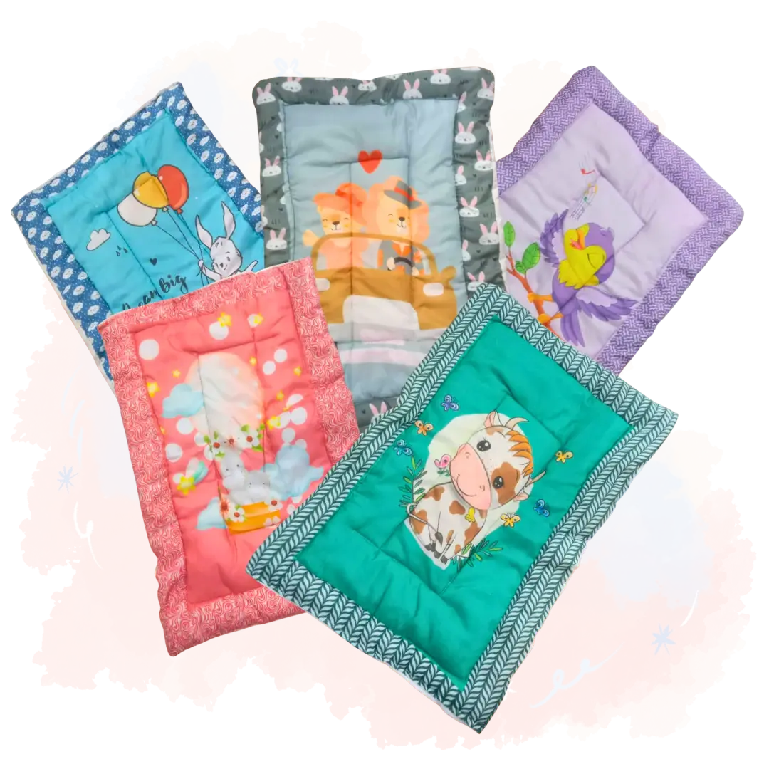 "Variety pack of five handmade baby godadi (quilts) with colorful cartoon prints including animals, rabbits, and a cow, ideal for newborns and tummy time." www.usmile.toys