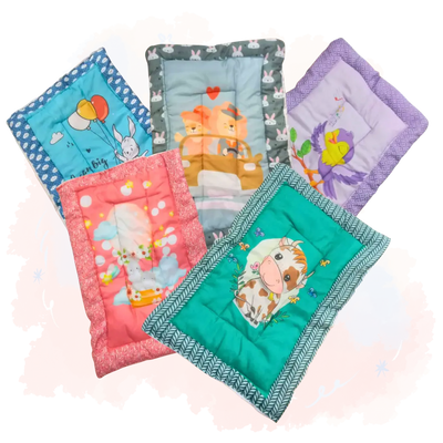 "Variety pack of five handmade baby godadi (quilts) with colorful cartoon prints including animals, rabbits, and a cow, ideal for newborns and tummy time." www.usmile.toys