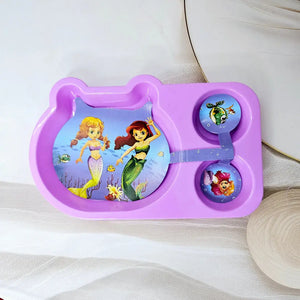 Colourful toddler mealtime set from Usmile Toys featuring a vibrant unicorn cartoon plate, matching cup, and small spoon and fork. www.usmile.toys