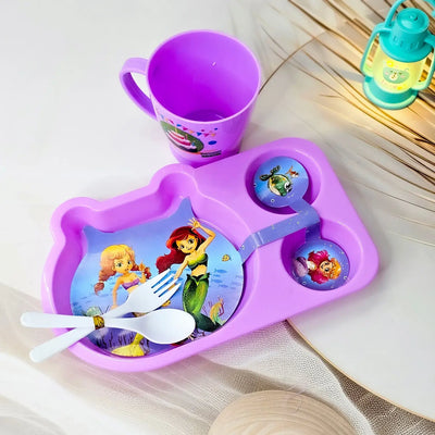 Usmile Toys playful cartoon toddler dining set in pink with a unicorn design, including a segmented plate, cup, and cutlery. www.usmile.toys