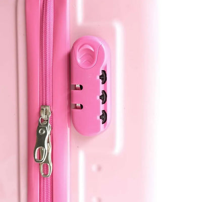Pink suitcase with a zipper and lock mechanism on a white background