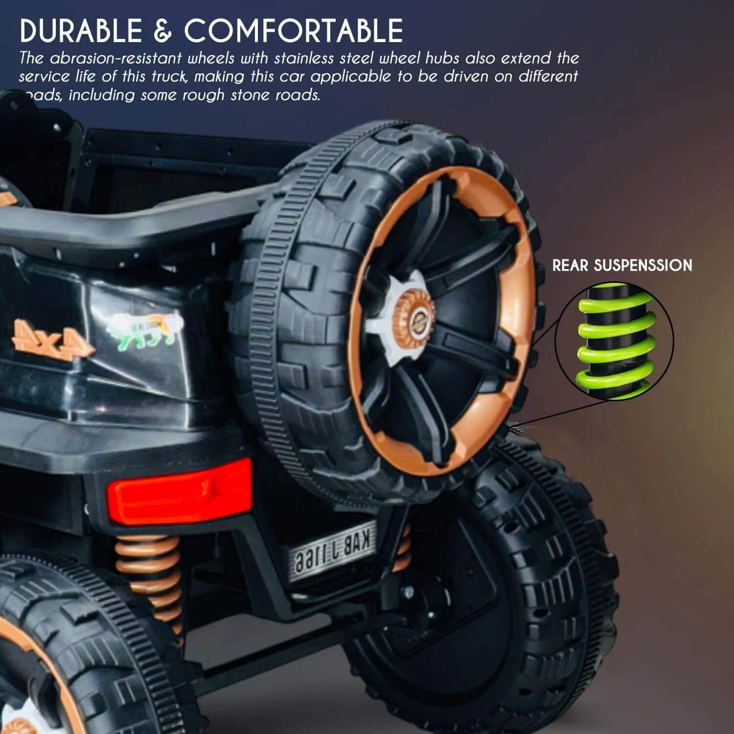 Toy truck with durable tires and suspension system on a dark background