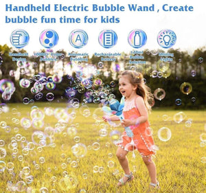Electric Bubble Stick for Kids shaped like a colorful flower, an automatic bubble machine creating numerous bubbles, with included bubble solution and rechargeable battery. Perfect for outdoor play and parties on usmile.toys. www.usmile.toys