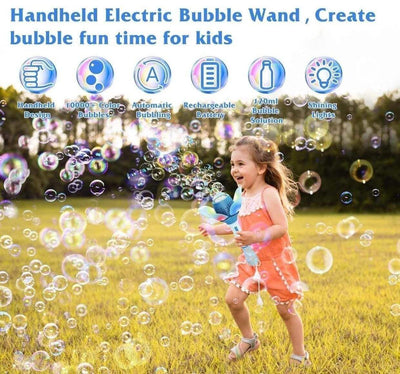 Electric Bubble Stick for Kids shaped like a colorful flower, an automatic bubble machine creating numerous bubbles, with included bubble solution and rechargeable battery. Perfect for outdoor play and parties on usmile.toys. www.usmile.toys