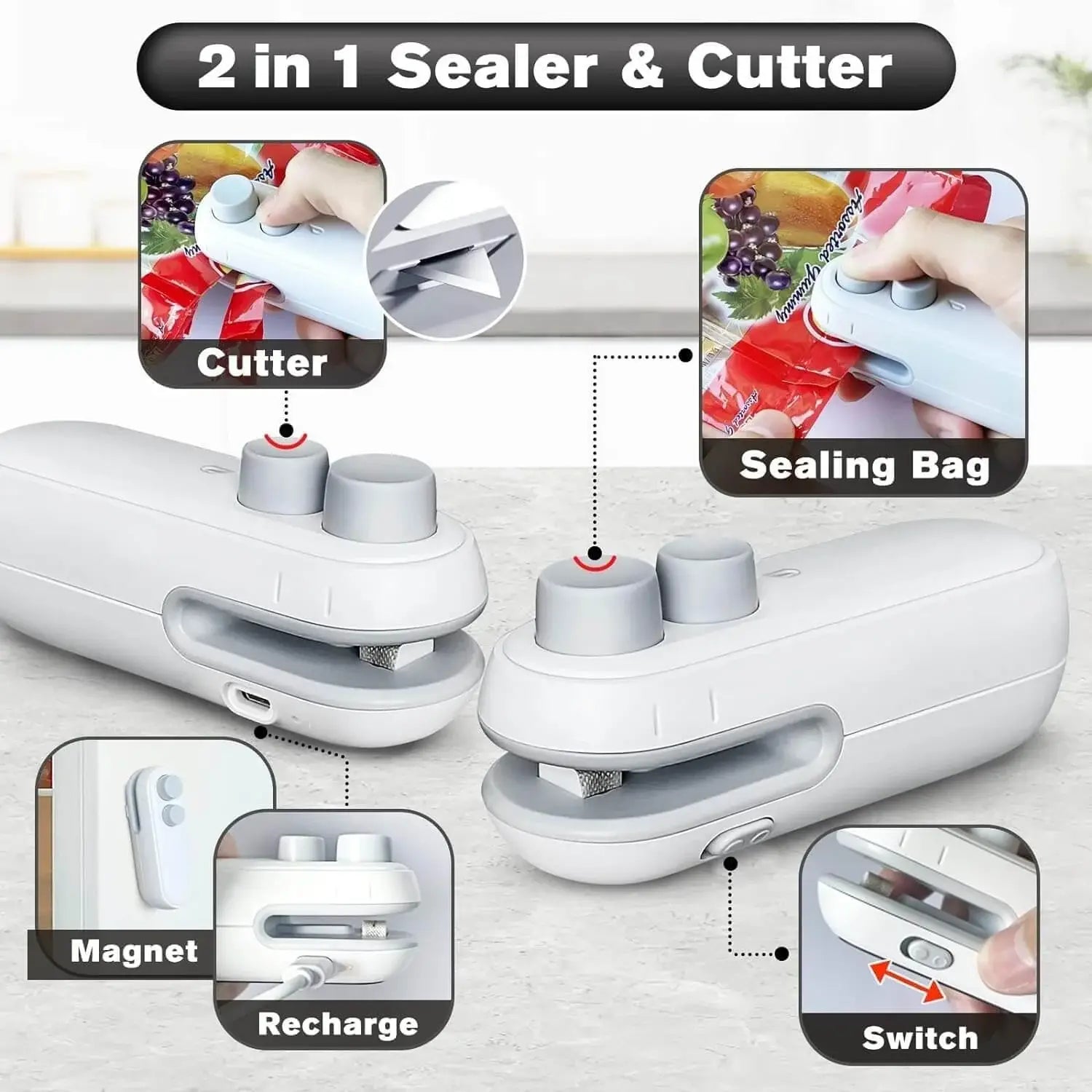 Portable Mini Sealing Machine in white and grey, a USB-C rechargeable heat sealer for food bags, with its retail box displaying usage instructions. www.usmile.toys