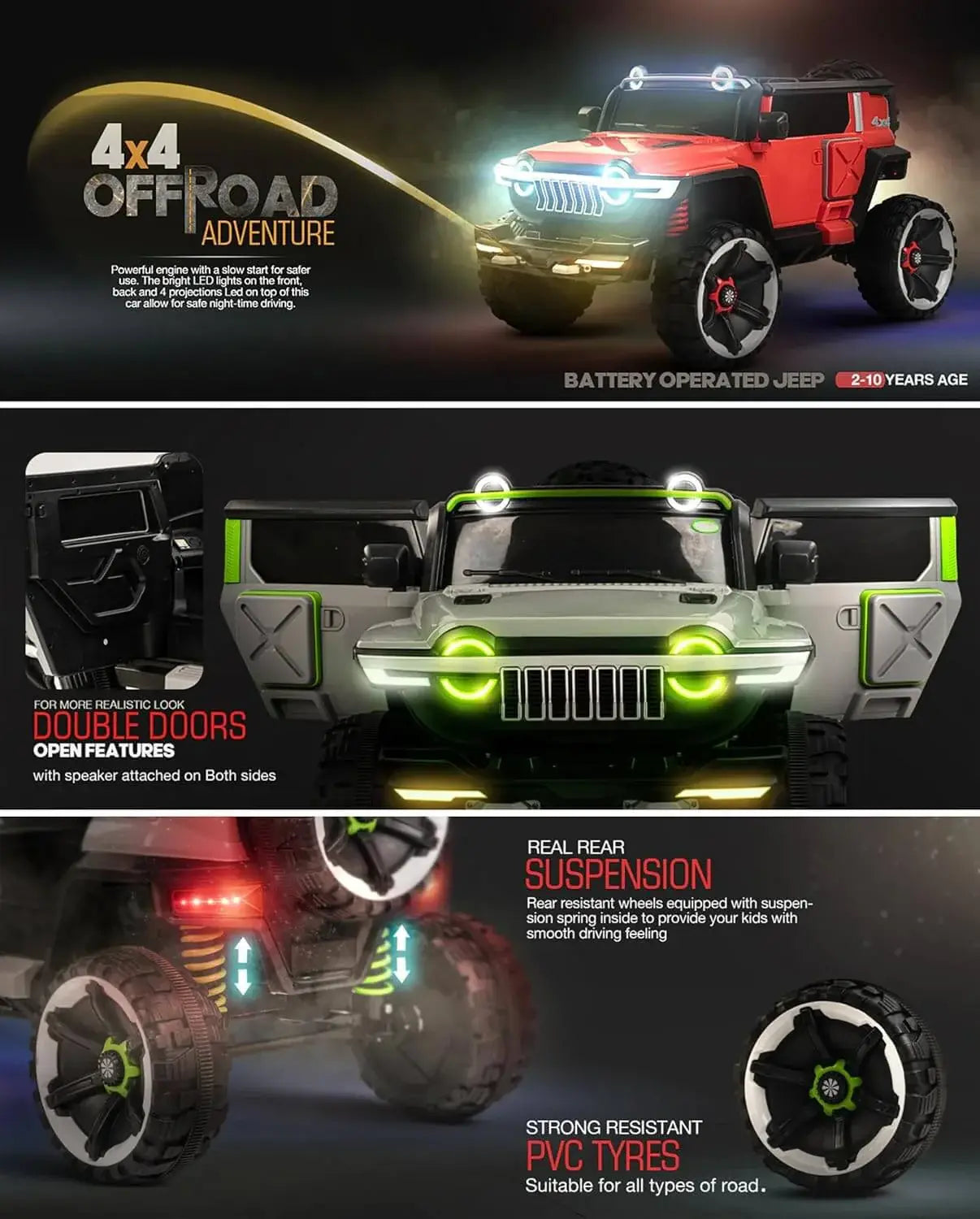 Battery-operated toy jeep with features highlighted on a dark background