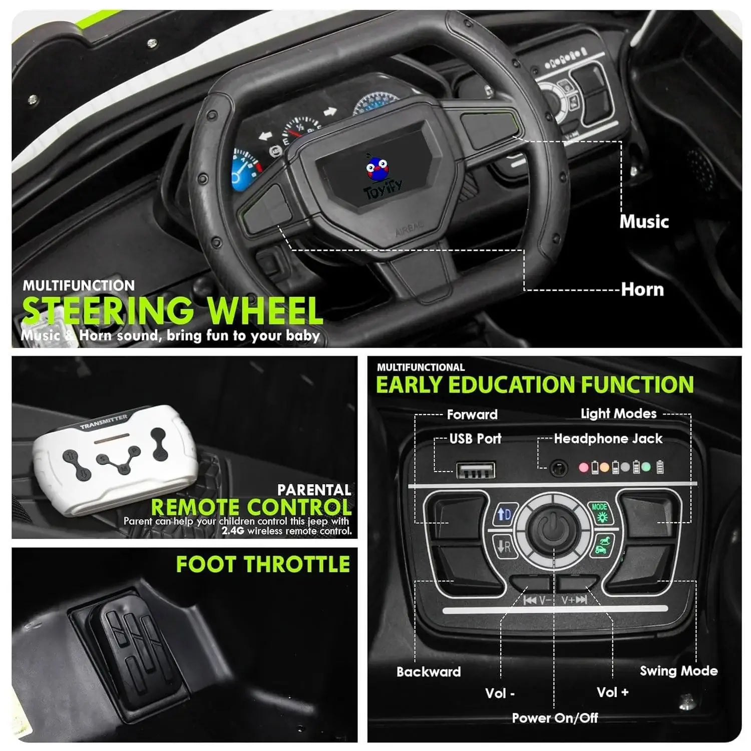 Collage of a toy car's dashboard with labeled features including steering wheel, remote control, and foot throttle.