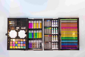 Front view of a portable art case with "Universe" written on it, decorated with space illustrations including an astronaut, moon, and rockets, ideal for children's painting and drawing activities from Usmile Toys. www.usmile.toys