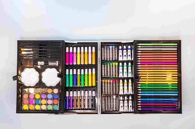 Front view of a portable art case with "Universe" written on it, decorated with space illustrations including an astronaut, moon, and rockets, ideal for children's painting and drawing activities from Usmile Toys. www.usmile.toys