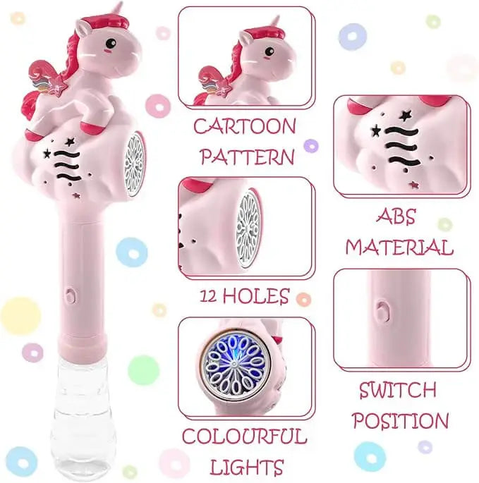 Pink toy with unicorn design, featuring cartoon pattern, ABS material, 12 holes, colorful lights, and switch position.