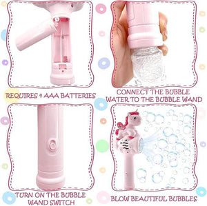 Pink bubble wand with instructions on how to use it, including battery requirement and steps to blow bubbles.