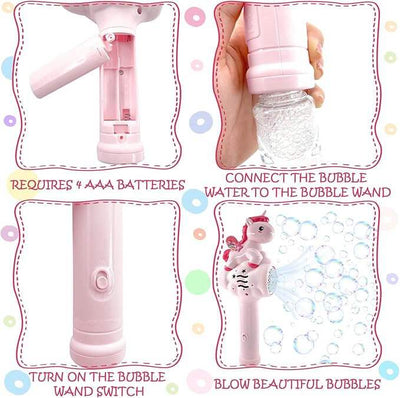 Pink bubble wand with instructions on how to use it, including battery requirement and steps to blow bubbles.