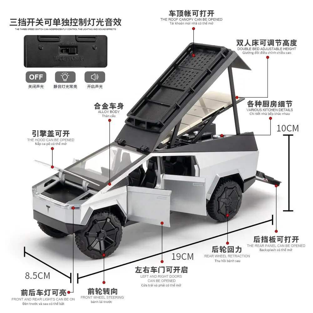 High-quality miniature replica of a Tesla Cybertruck in a unique light green color, featuring realistic design and a bed that lifts, ideal for display or children's vehicle play from Usmile Toys.www.usmile.toys