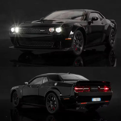 High-quality miniature replica of a powerful white muscle car (Dodge Challenger Hellcat style) with black wheels and red brake calipers, a durable pull-back toy ideal for vehicle enthusiasts from Usmile Toys www.usmile.toys