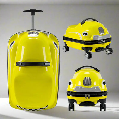 Bright yellow kids ride-on luggage with extendable handle, perfect as a travel suitcase for toddlers and young children. www.usmile.toys