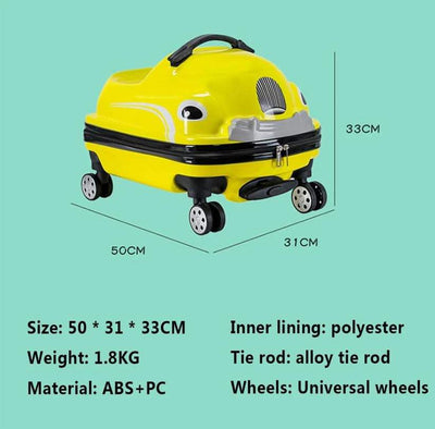 Bright yellow kids ride-on luggage with extendable handle, perfect as a travel suitcase for toddlers and young children. www.usmile.toys