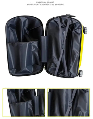 Fun yellow car-shaped kids ride-on travel bag, making airport journeys exciting for children and parents. www.usmile.toys
