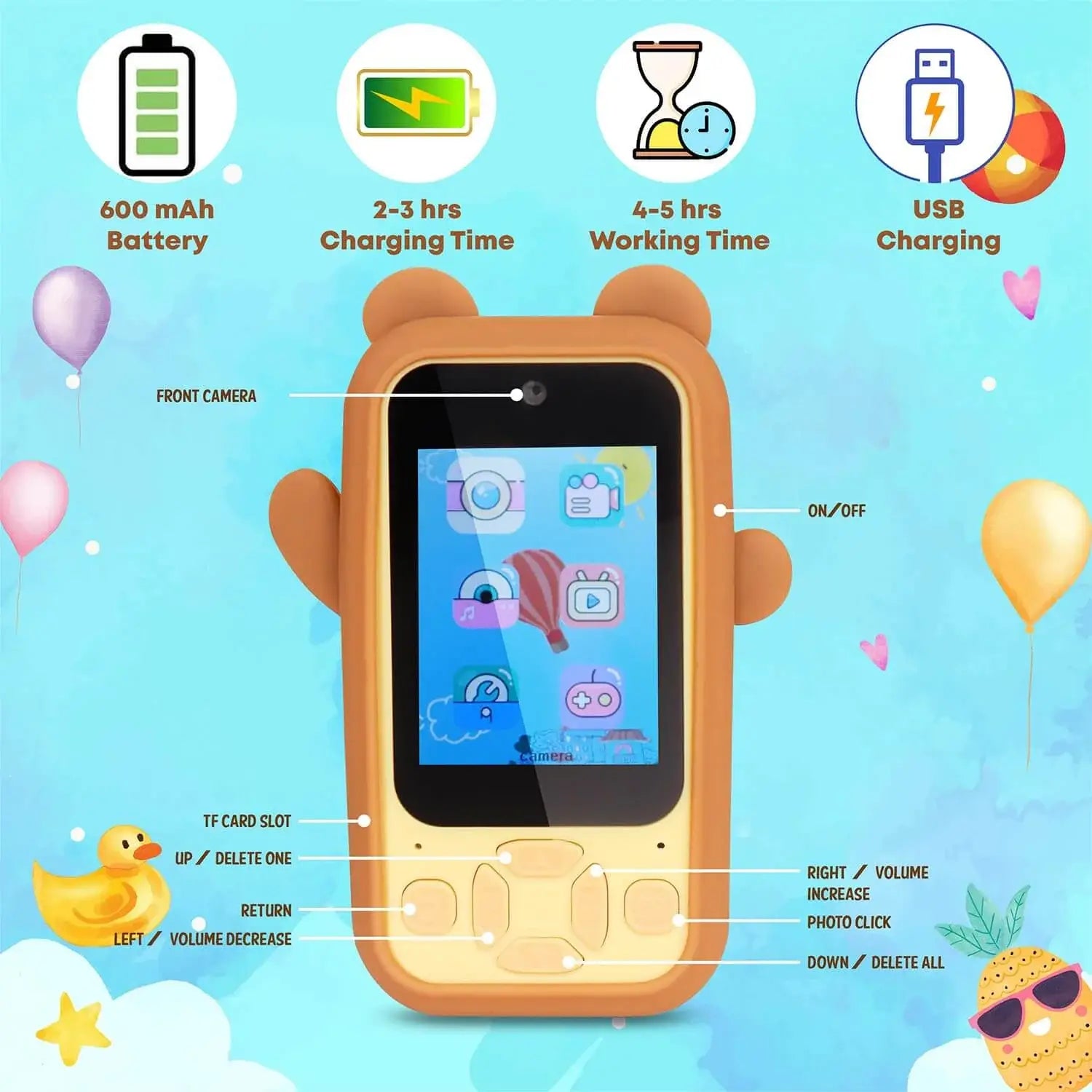  Children's pretend smartphone camera in a brown bear design, equipped with dual cameras and a colorful display for imaginative play. www.usmile.toys