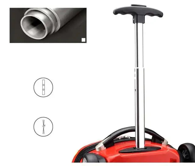 Durable blue 18-inch boys' travel luggage with car design and extendable handle, ideal for young travelers.