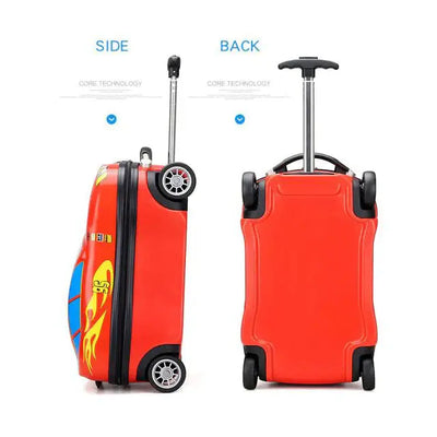 Durable red boys' travel luggage set featuring a car design, including an 18-inch wheeled suitcase and matching backpack. www.usmile.toys