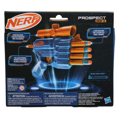 Nerf Elite 2.0 Prospect QS-4 Blaster, a blue and orange dart blaster featuring a quad barrel, attached scope, and comes with 8 official Nerf Elite foam darts for exciting play www.usmile.toys